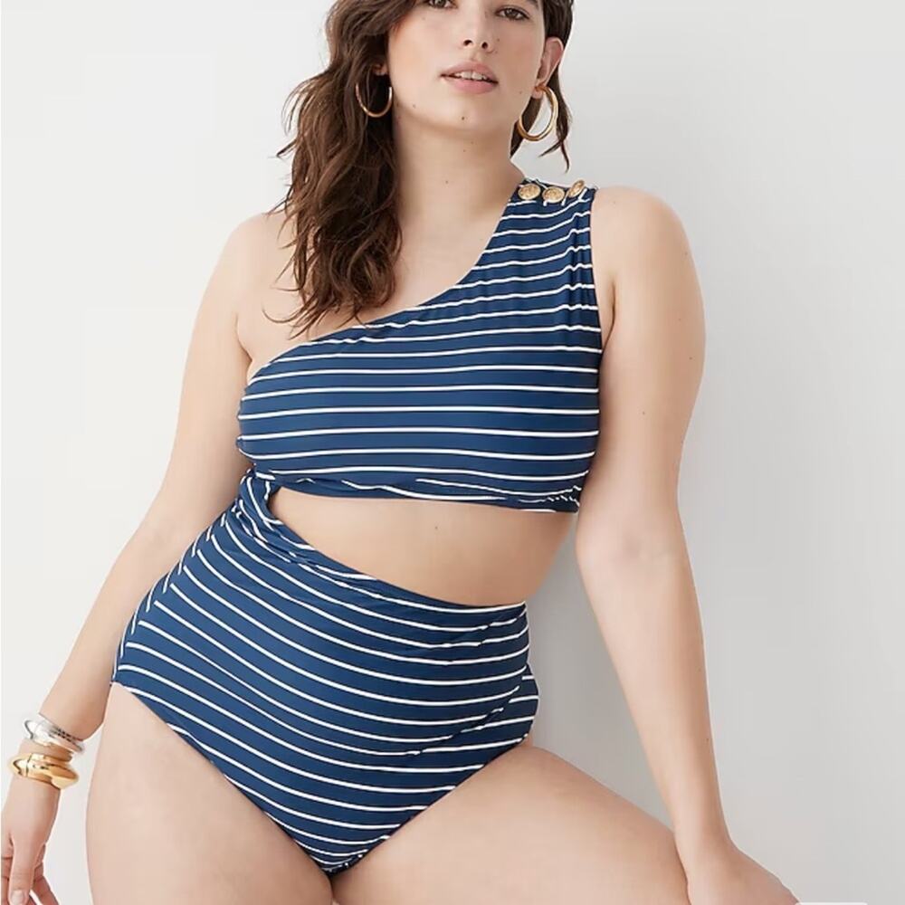 J. Crew Cutout one-piece full-coverage swimsuit with buttons in navy stripe NEW